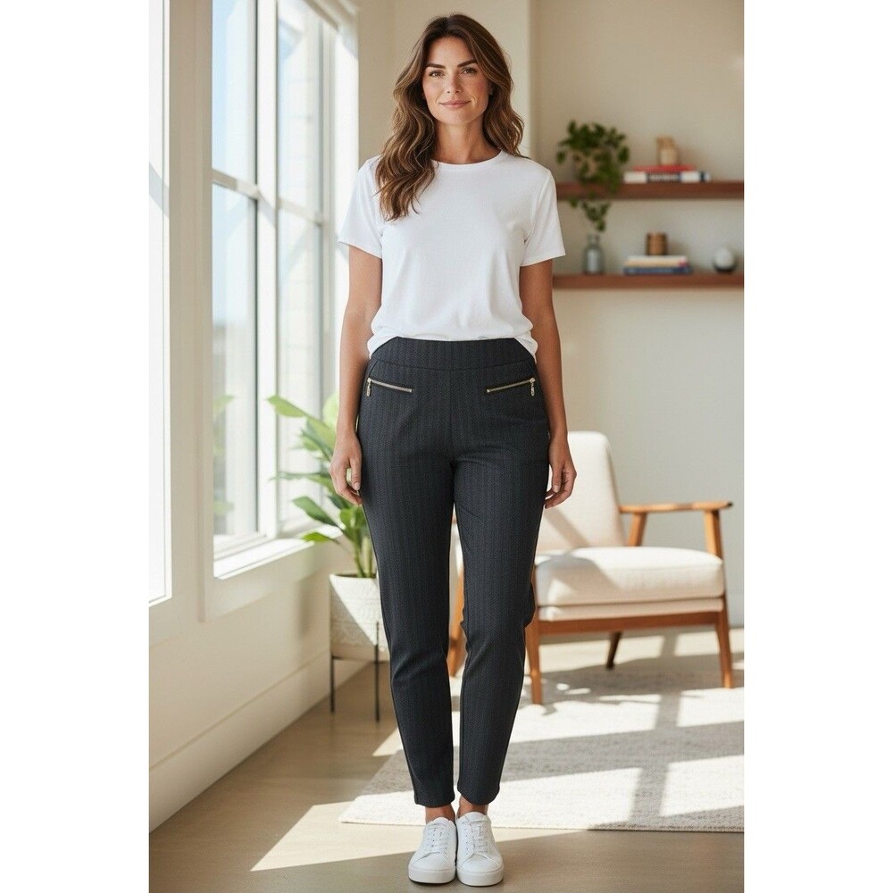 Docelle Black Pinstripe Women’s Pants With Zip Gold Size L Business Casual